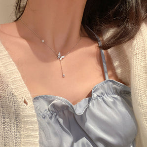 Elegant 925 Sterling Silver Butterfly Tassel Necklace
